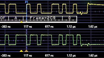 A digital oscilloscope displaying signals